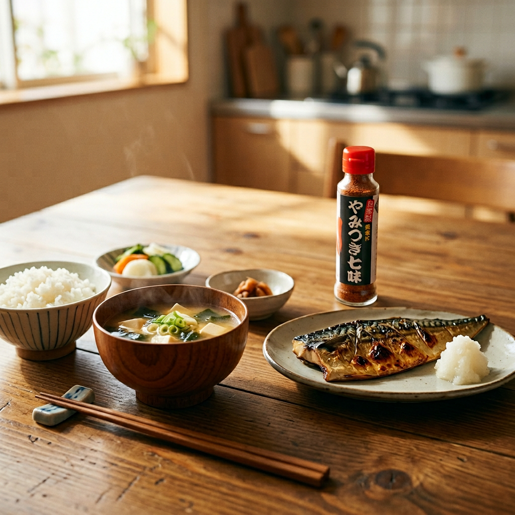 Firefly_Gemini Flash_A warm home dining scene with a traditional Japanese breakfast. A bowl of steaming mi 355583
