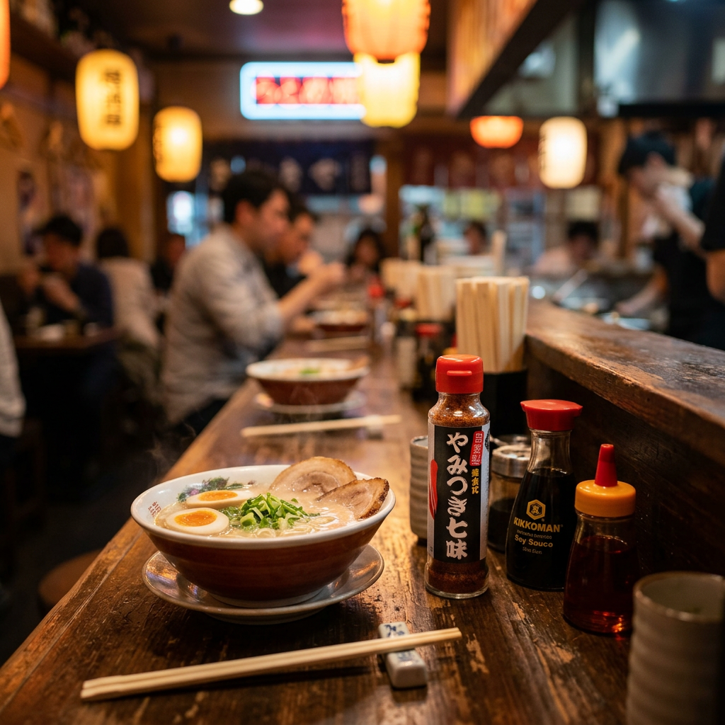 Firefly_Gemini Flash_Interior of a busy Japanese Izakaya. A bowl of ramen is on the wooden counter. The -や 355583