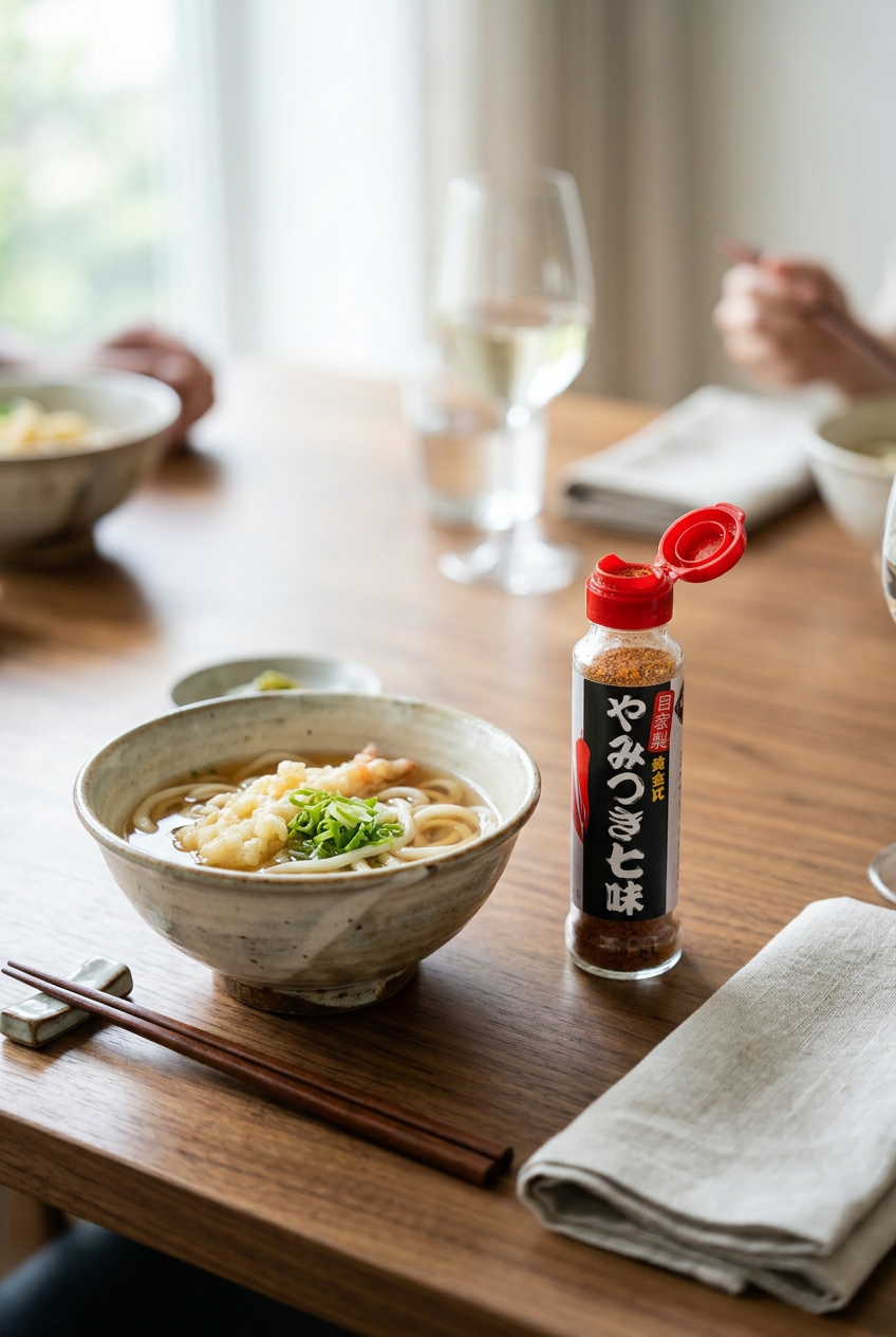 Firefly_Gemini Flash_ertical lifestyle shot of an elegant home dinner with a bowl of Udon. The -やみつき七味- bo 355583