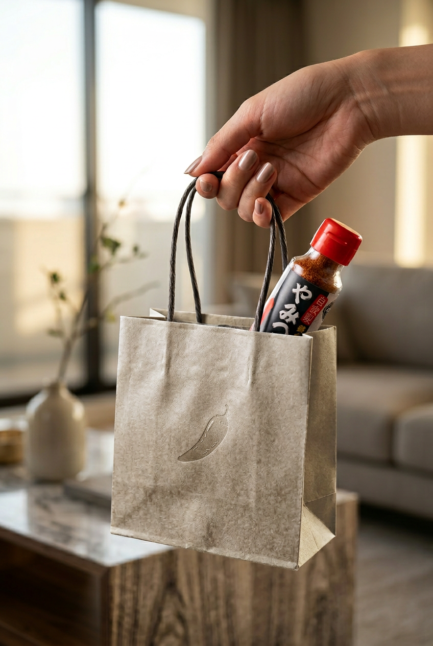 Firefly_Vertical shot. A person's hand is holding a small, stylish paper gift bag with the -や 355583